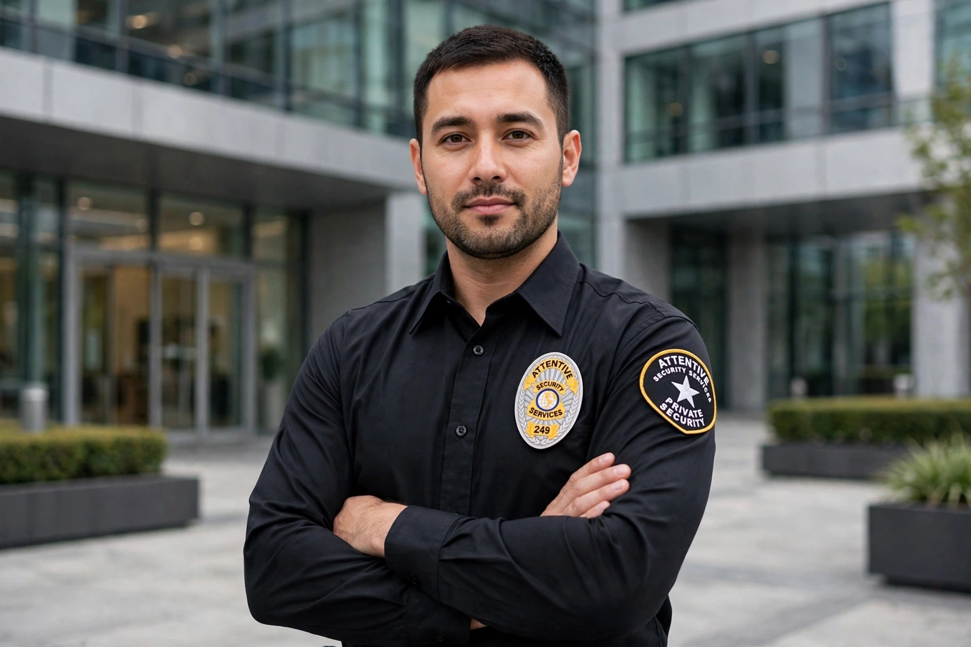 Attentive Security officer at a Sacramento property with Tower Bridge and company branding